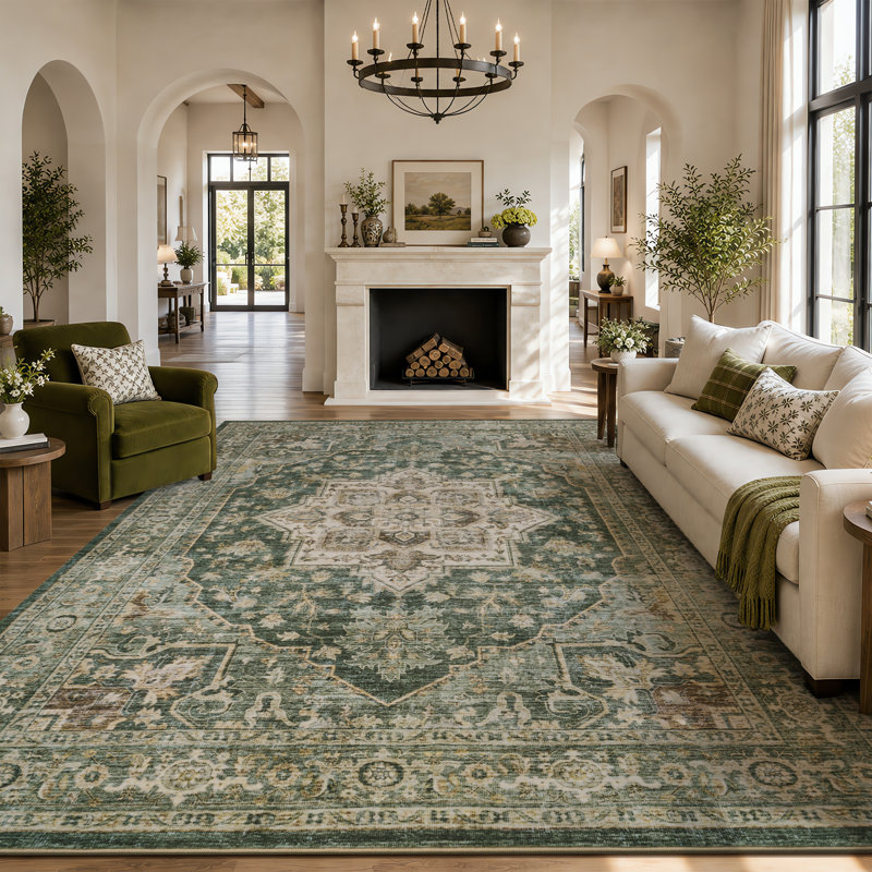 Soft Green Machine Washable Vintage Area Rug For Living Room, Bedroom, Green, Rectangle 8' x 10'