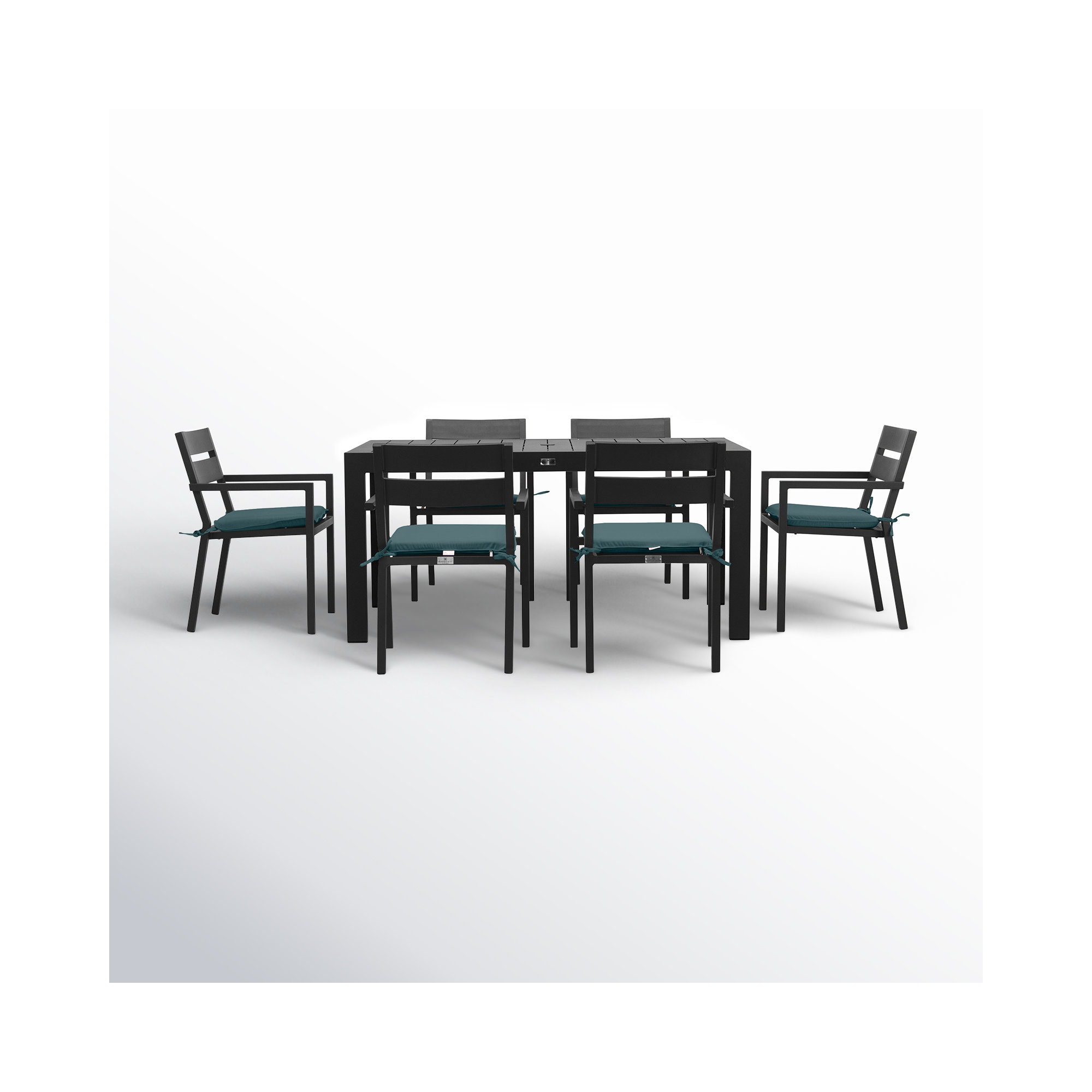 Eartha 63'' Rectangular 6 - Person Outdoor Dining Set with Cushions, Cast Lagoon Sunbrella® Plainweave, Black