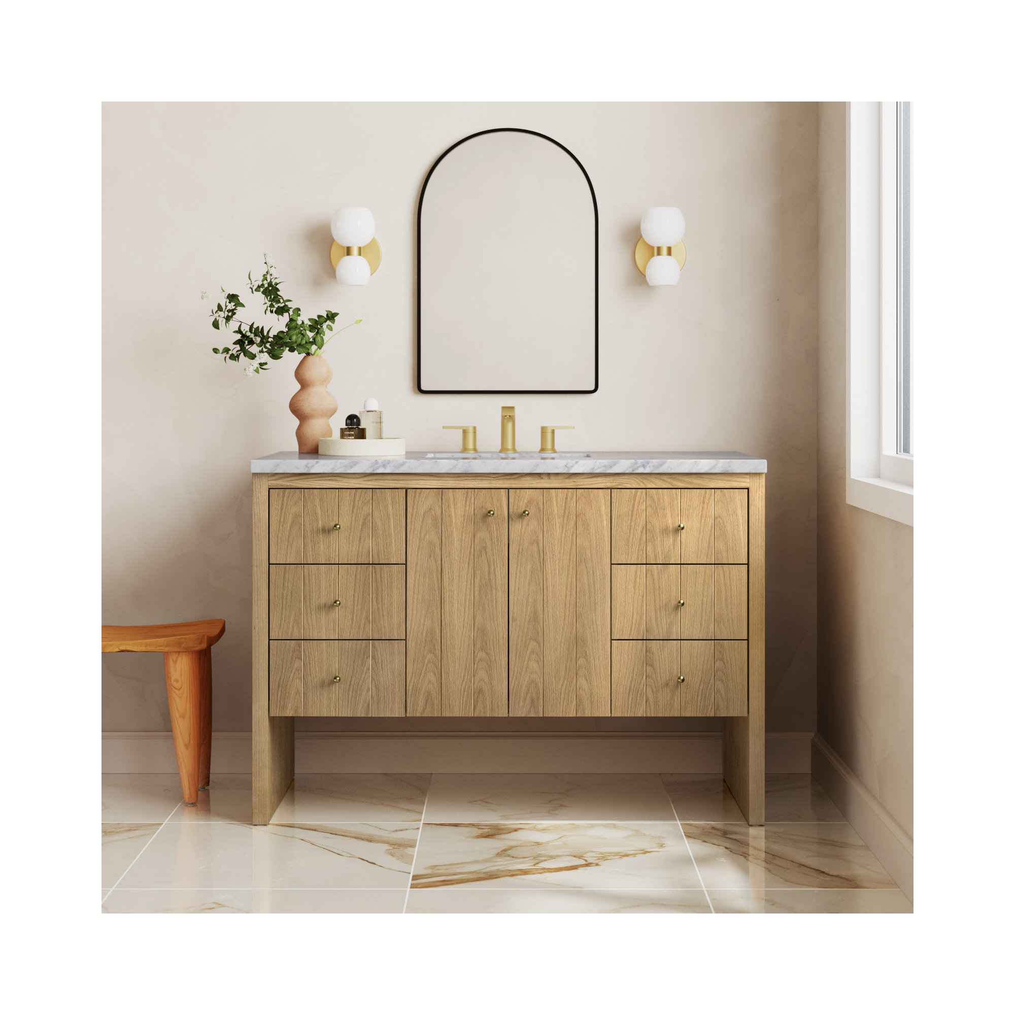 Hudson 48'' Single Bathroom Vanity, Light Natural Oak, Carrara White, 8" Widespread