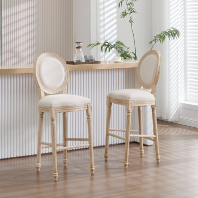 Chaises de bar rembourrées démontables de 30 po de hauteur French Country avec dossier rond beige, coton et lin de haute qualité, structure en bois massif, tréfilage à découper pour la maison