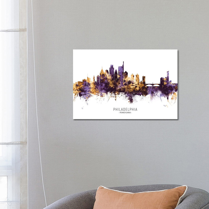 Philadelphia Skyline Purple Gold by Michael Tompsett - 1 Piece Wrapped Canvas Wall Art, 66.04 cm H x 45.72 cm W x 3.175 cm D