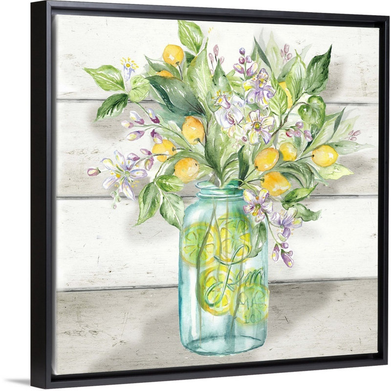 «Watercolor Lemons in Mason Jar on Shiplap» par Tre Sorelle Studios - reproduction d'art sur toile, Toile avec cadre noir