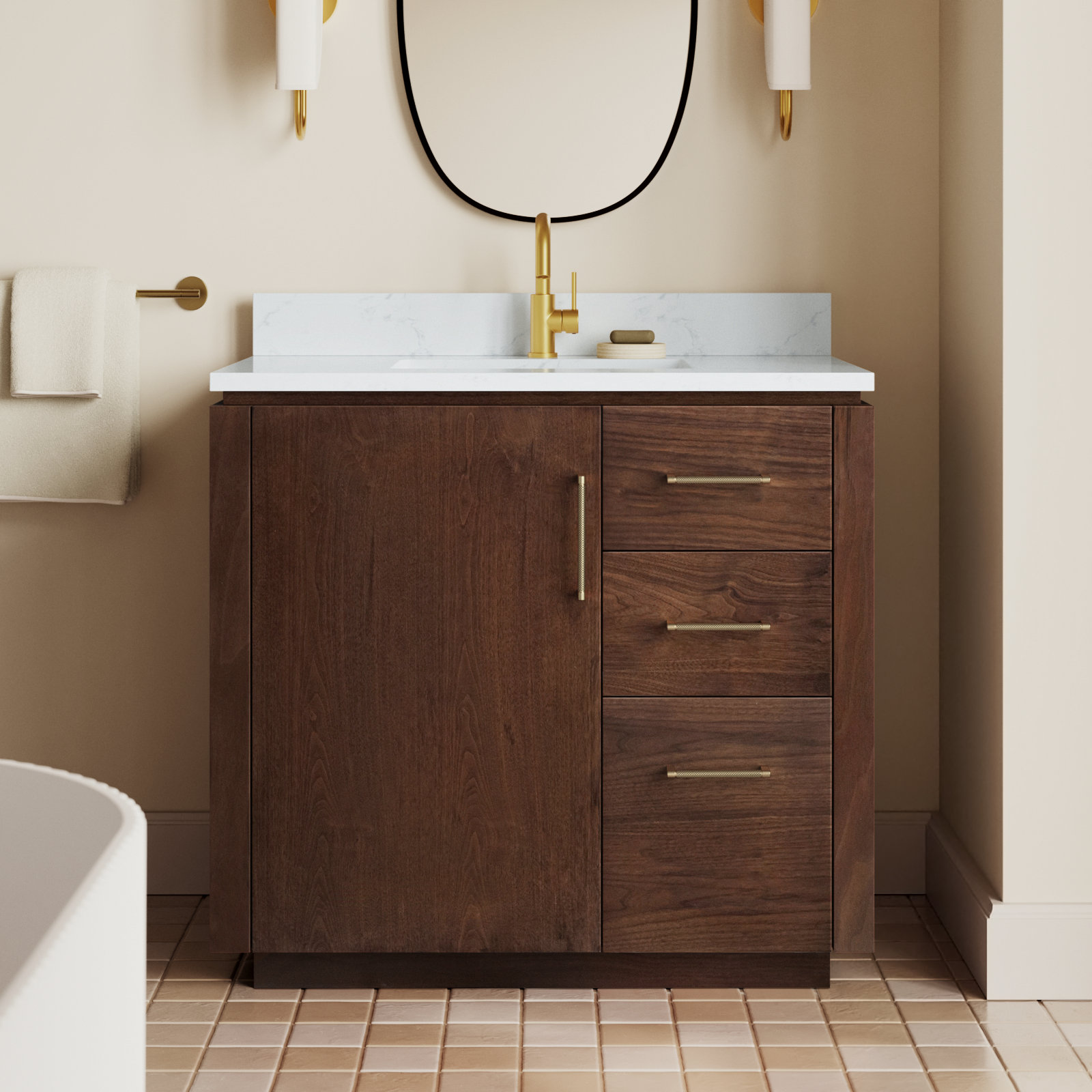 Cloverfield 36'' Single Bathroom Vanity, Natural Walnut, Gold