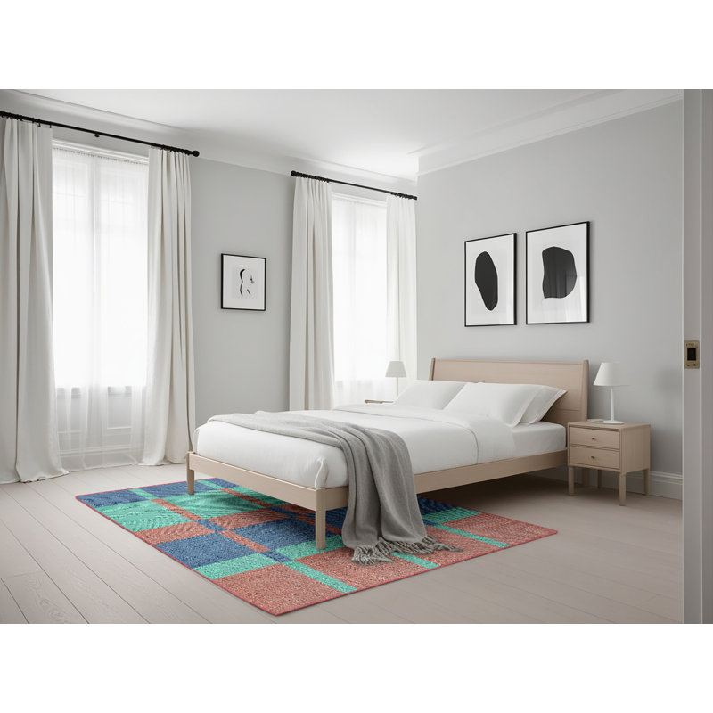 Tapis vert/brun/bleu à motif, Rectangle 5 pi x 7 pi