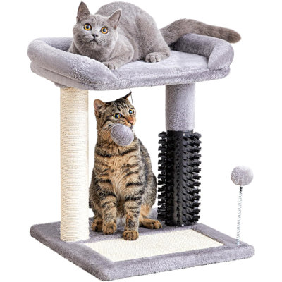Petit arbre à chat Made4Pets, poteau à griffer 4-en-1 avec brosse autoportante, griffoir en sisal naturel de 20 po de hauteur, lit perchoir en peluche avec boule pendante pour chatons d'intérieur, gris