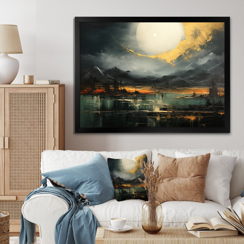 Gris et jaune, paysage de montagne abstrait V - art mural abstrait, Cadre d'angle fermé noir, H 34 po x l 44 po x P 1,5 po