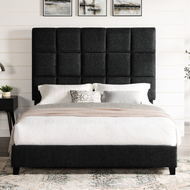Lit double tapissier transitionnel avec tête de lit rembourrée et lit contemporain en tissu gris