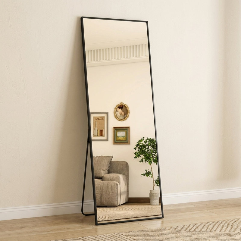 59" x 16" Aluminum Alloy Full Length Mirror, Rectangle Wall or Floor Standing Mirror with Stand, 59" x 16", Black, Rectangle