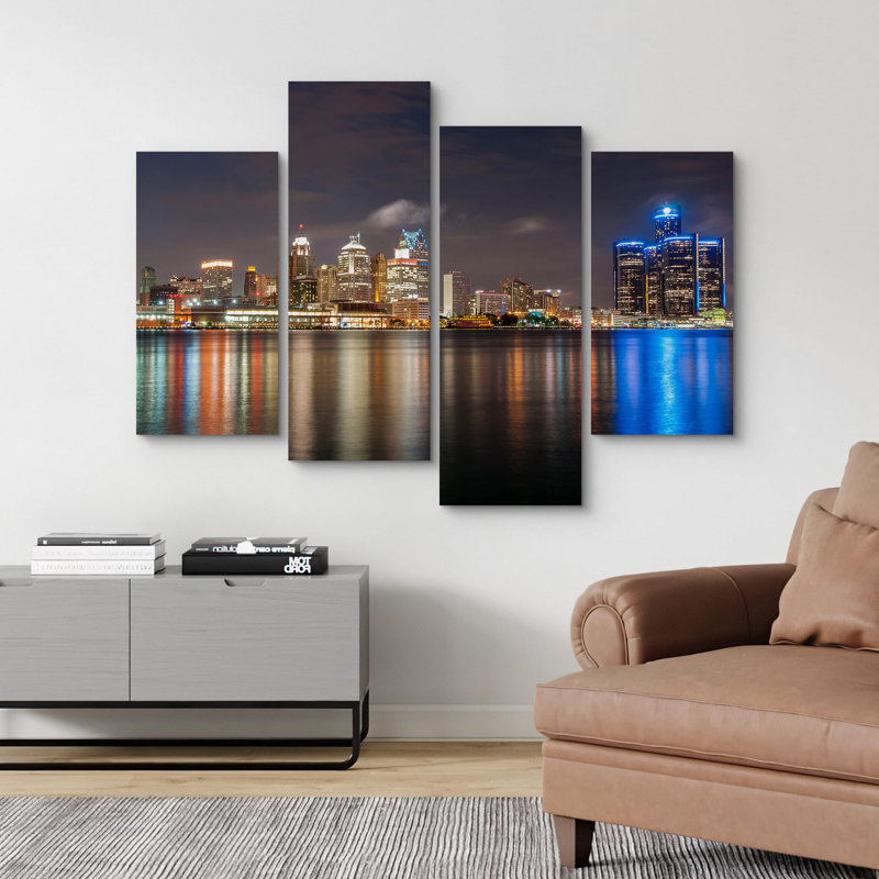 Architecture Building " Detroit Michigan City Night Skyline Architecture & Maps Cityscape Modern Art Extra Large Decor " 4 - Pieces