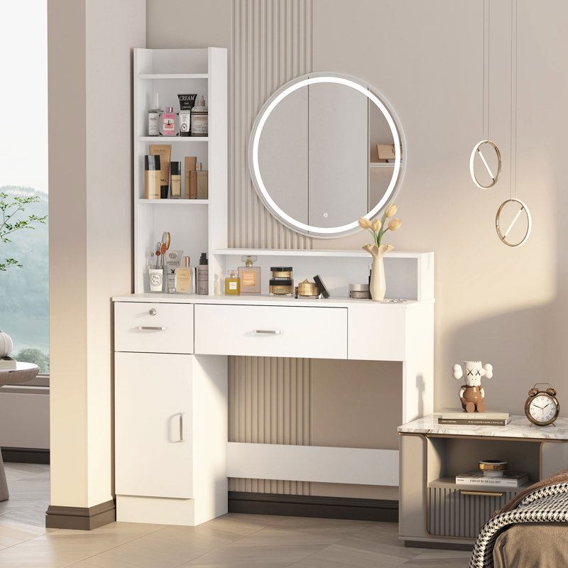 Hervey Salon Barber Station, Hair Styling Station with 2 Drawers, Storage Cabinet, 4 Shelves, Hair Dryer Holes, White