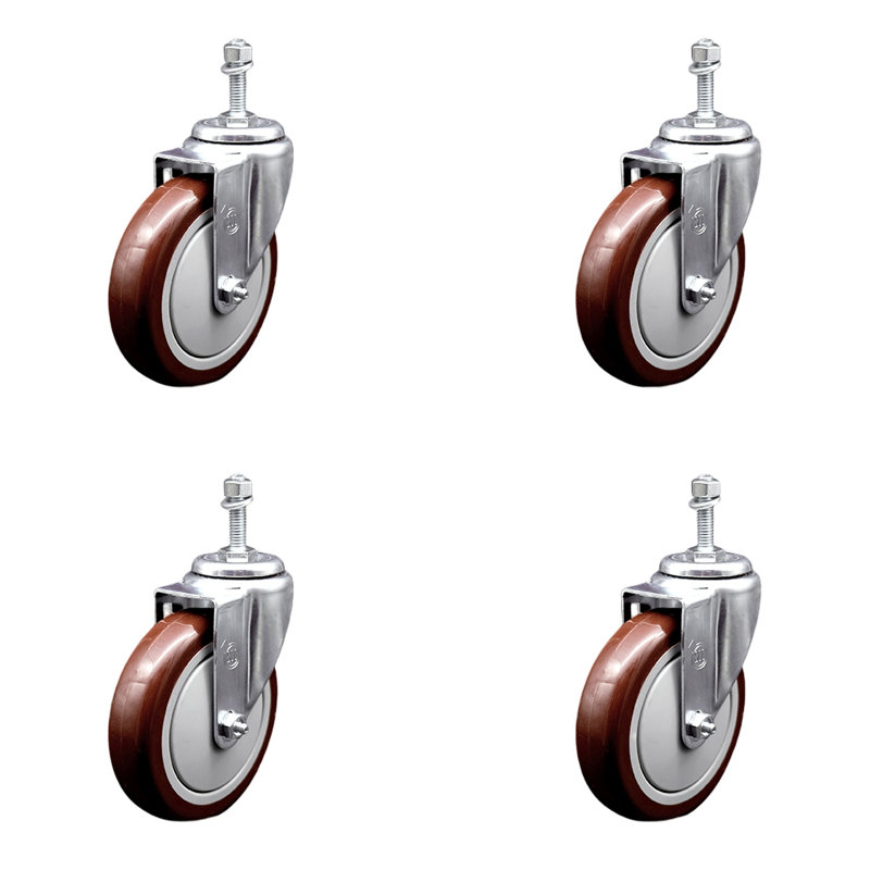 Ensemble de roulettes à tige filetée en polyuréthane pivotant de 5 po de 3/8 po SCC, Marron