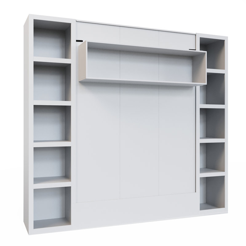 Easy-Lift Murphy Wall Bed in Wood Grain with Two Bookshelves, White, Queen