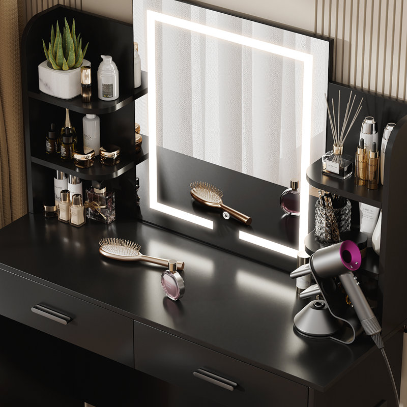 Greyden Vanity Set With LED Mirror & Built-in Outlets, Black