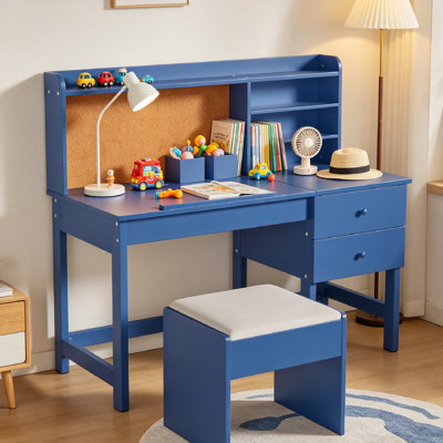 Ensemble de bureau et de chaise pour enfants, bureau d'écriture ergonomique avec bureau inclinable, bahut, planche de liège, tiroir et tabouret rembourré, table d'écriture pour garçons et filles