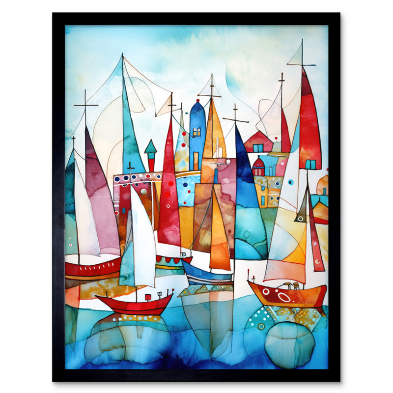 Harbour Boats Abstract Folk Art Watercolour Painting Artwork Framed Wall Art Print 9X7 Inch