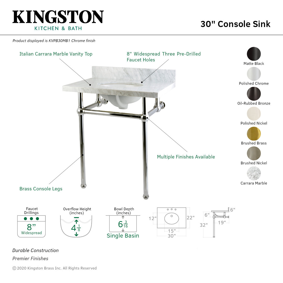 Templeton 30" Vanity Top Console Sink, Carrara Marble/Satin Brass