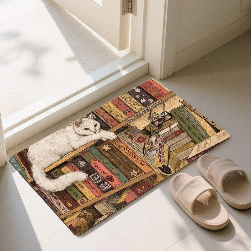 White Cat on Bookshelf Doormat, 24L x 36W, for Entrance Porch