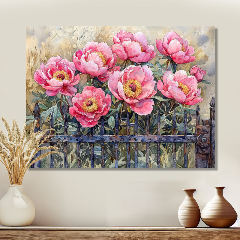 Pivoines par la porte de la ferme IV - reproduction d'art traditionnelle en métal, pivoines, décoration murale en métal