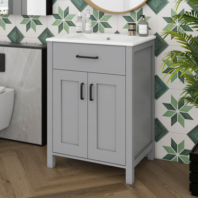 Meuble-lavabo 24 po avec lavabo, meuble-lavabo avec 2 portes à fermeture en douceur, support de porte et tablettes réglables