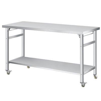 Table de salle à manger pliante robuste en acier inoxydable - Poste de travail portable à deux niveaux, tablette réglable, roulettes verrouillables, capacité de 920 lb, pour la cuisine, le restaurant et le garage - avec roues