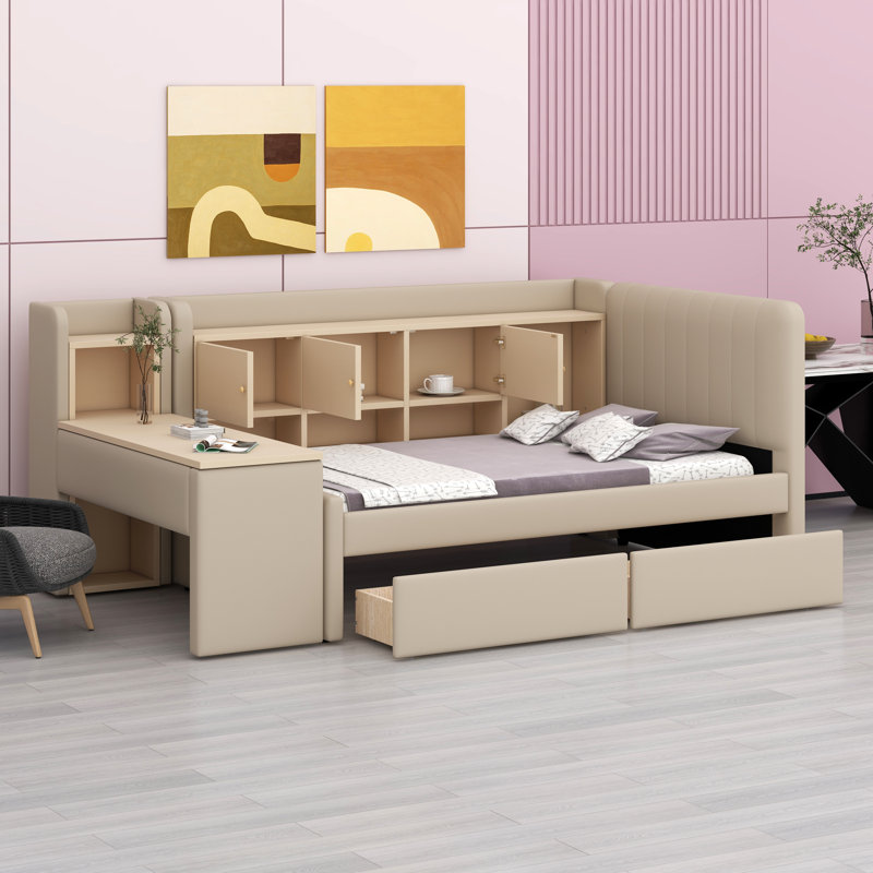Lit de jour rembourré avec tiroirs, tablettes, armoires rabattables et table d'appoint, Beige