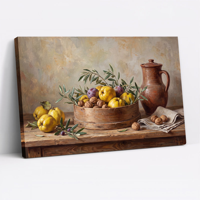 Tableau sur toile représentant des coings, des noix et un pichet en céramique sur une table en bois, H 16 po x l 24 po