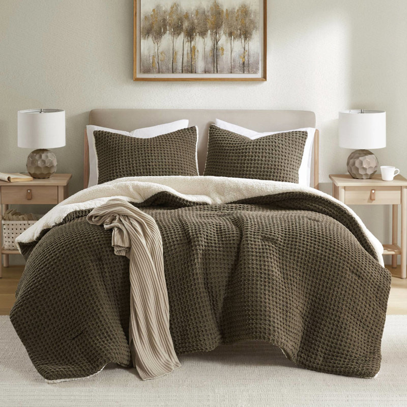 Édredon très grand chenille en tricot gaufré - couleur brune, 100%, 2 taies décoratives, lavable à la machine, conception réversible pour lit brun, doublure douce