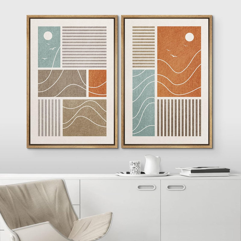 Ligne géométrique Mid-Century pastel, bloc de couleurs, collage, formes abstraites, illustrations, chic moderne, paysage, néon