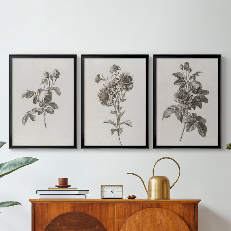 "Vintage Floral Print" CCXVI - Toile tendue avec châssis sur mesure - 3 pièces, H 19 po x l 27 po, Noir