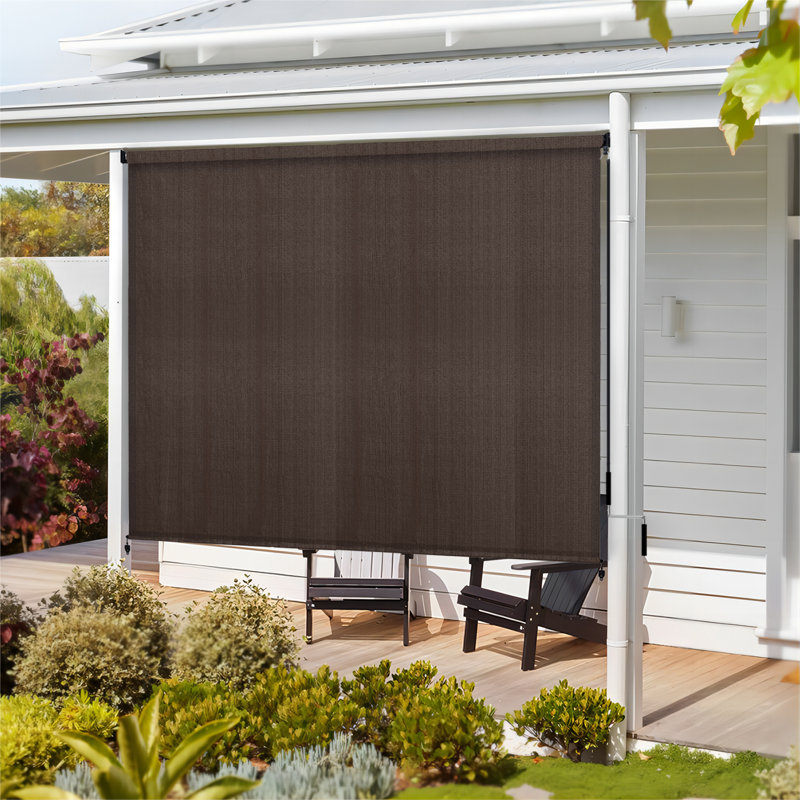 Semi-Sheer Outdoor Roller Shade with Pull Cord Roll Up Blind, Rectangle 96" x 96", Chocolate