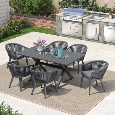 Corrigan Studio®  Outdoor Dining Set With Patio Aluminium Dining Table And Wicker Rattan Chairs Modern Furniture Cushions Sets For Backyard Indoor Decor Kitchen Grey