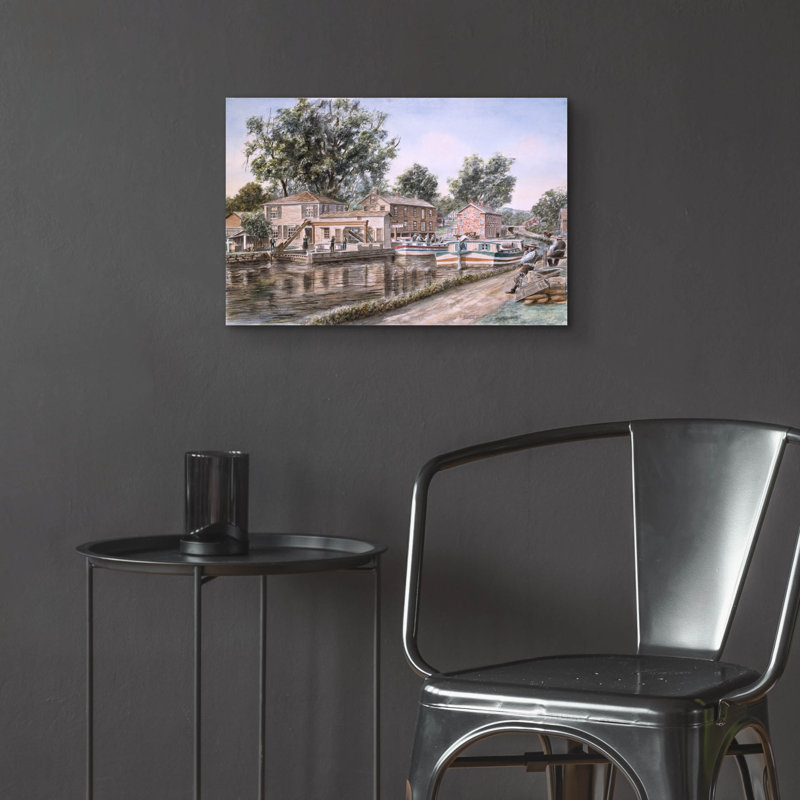 «Weigh Locks On Penn Canal» par Stanton Manolakas, art en verre acrylique Wal, H 16 po x l 24 po x P 0,2 po