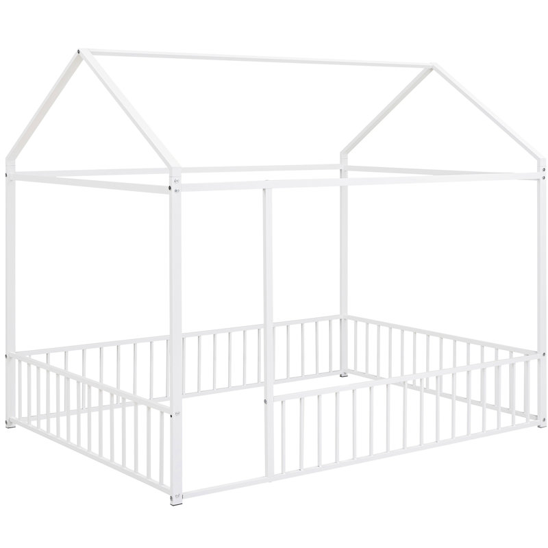 Lit en métal pour - blanc avec charmante maisonnette et structure de clôture