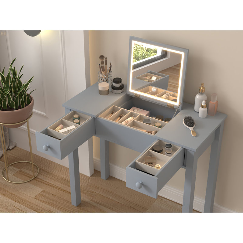 Multifunctional Vanity Desk With 3-Level Adjustable Lighting With Flip-Top Mirror & Storage 15.75" Deep Makeup Table 2 Drawers & 3 Removable Organizer Boxes Compact Home Office Desk