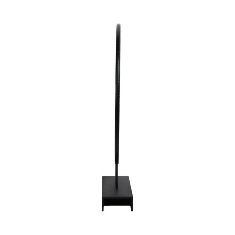 Modern Mango Wood and Iron Ring Sculpture on Rectangular Base Decorative Accent with Grooved Texture for Contemporary Display in Casual or Minimalist Settings, Sleek Freestanding Art Object