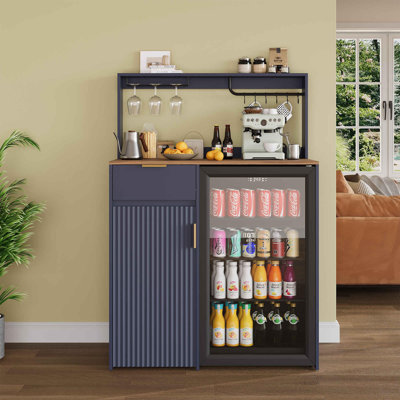 Multifunctional Refrigerator Cabinet with Adjustable Shelves, Built-in Wine Glass Rack, and Storage Drawer, Space-Saving Side Unit for Kitchen, Dining Room, and Living Area, Fits Next to Upright Freezers and Compact Refrigerators, Blue