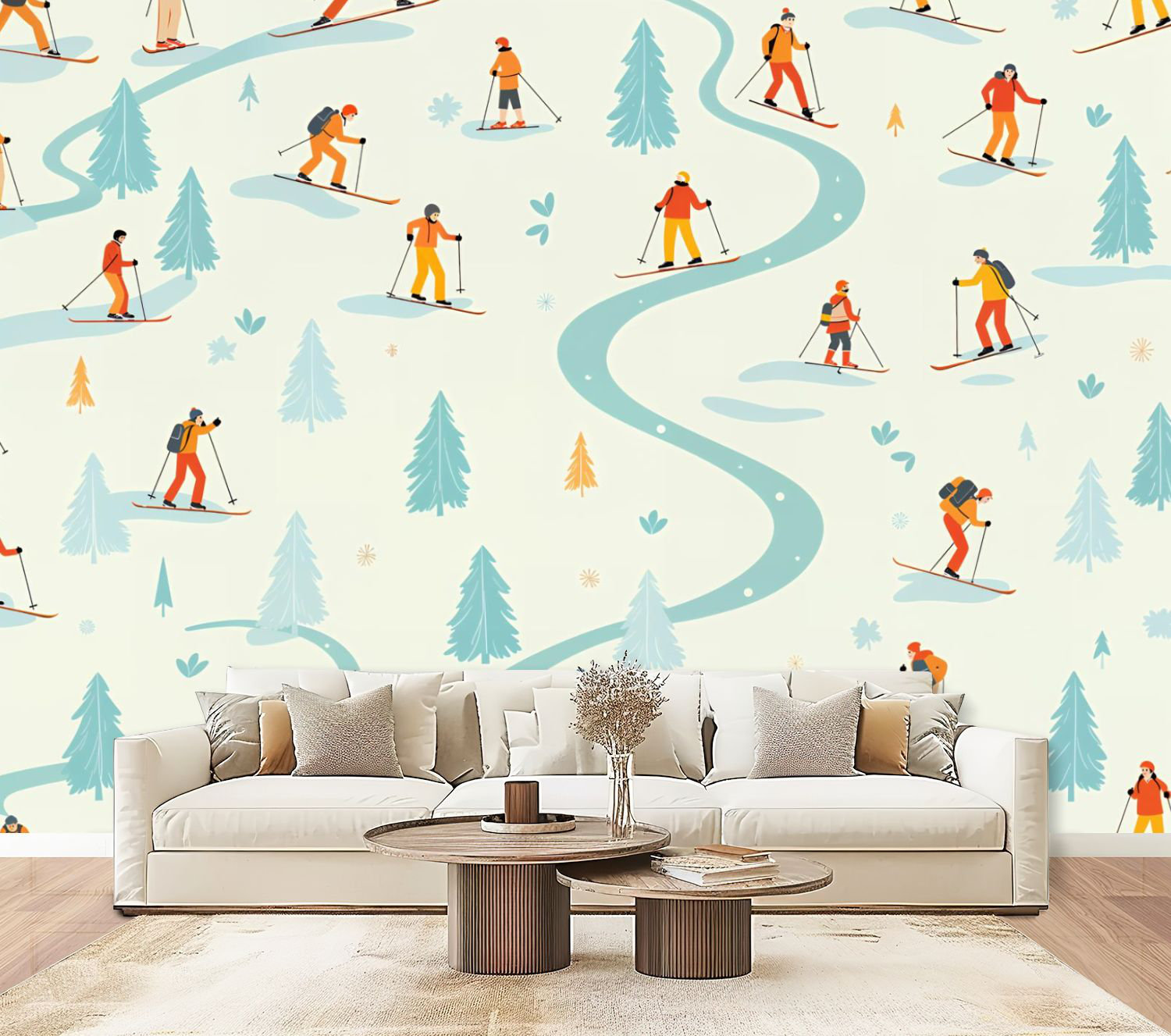 Red Barrel Studio Peel and Stick Wallpaper Skiers Winter Trail Snowy ...