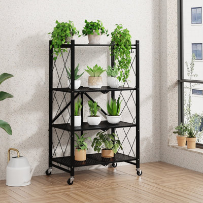 Étagère de rangement robuste pliante en métal à 4 niveaux avec roulettes de rangement à 360 degrés et cadre en acier thermolaqué noir