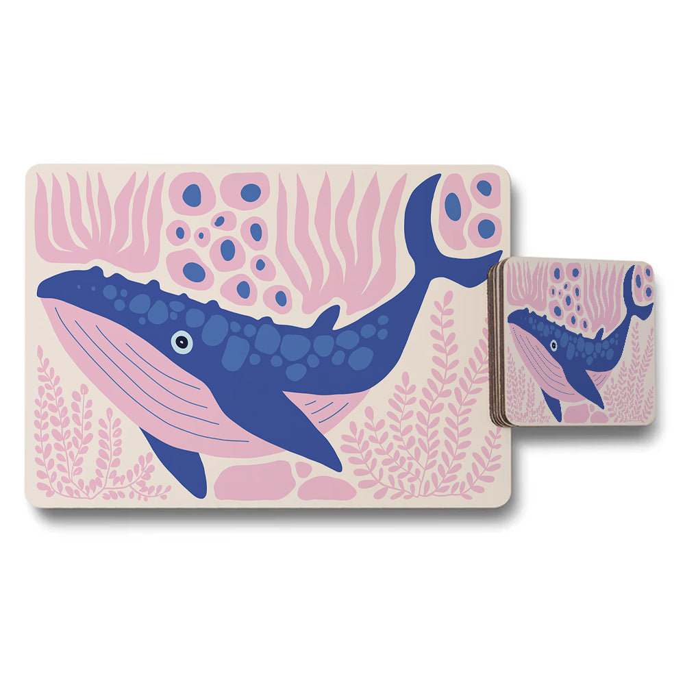 Whale Themed Placemat And Coaster Set Pink Ocean Design