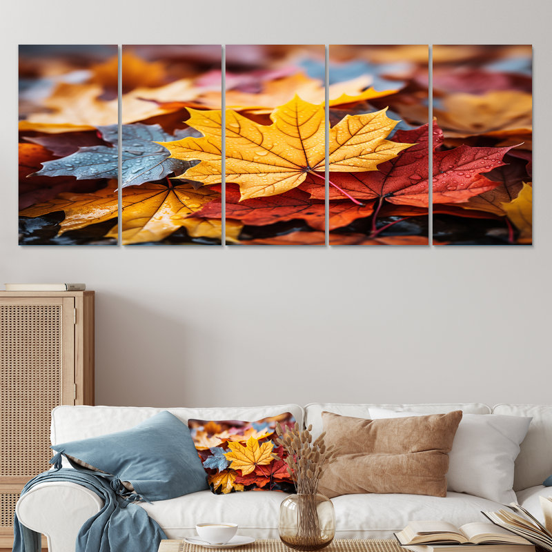 Jaune et orange, feuilles d'automne I - arbre érable, art mural 5 pièces, H 28 po x l 60 po