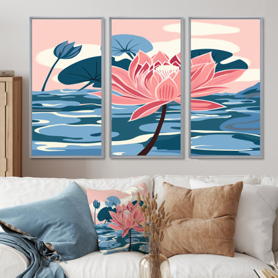 Fleur de lotus rose sur un étang bleu - ensemble d'impression d'art mural lotus