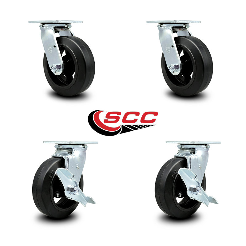 6 Inch Rubber on Steel Swivel Caster Set with Roller Bearing 2 Brake SCC/SCC-30CS620-RSR-2-TLB-2