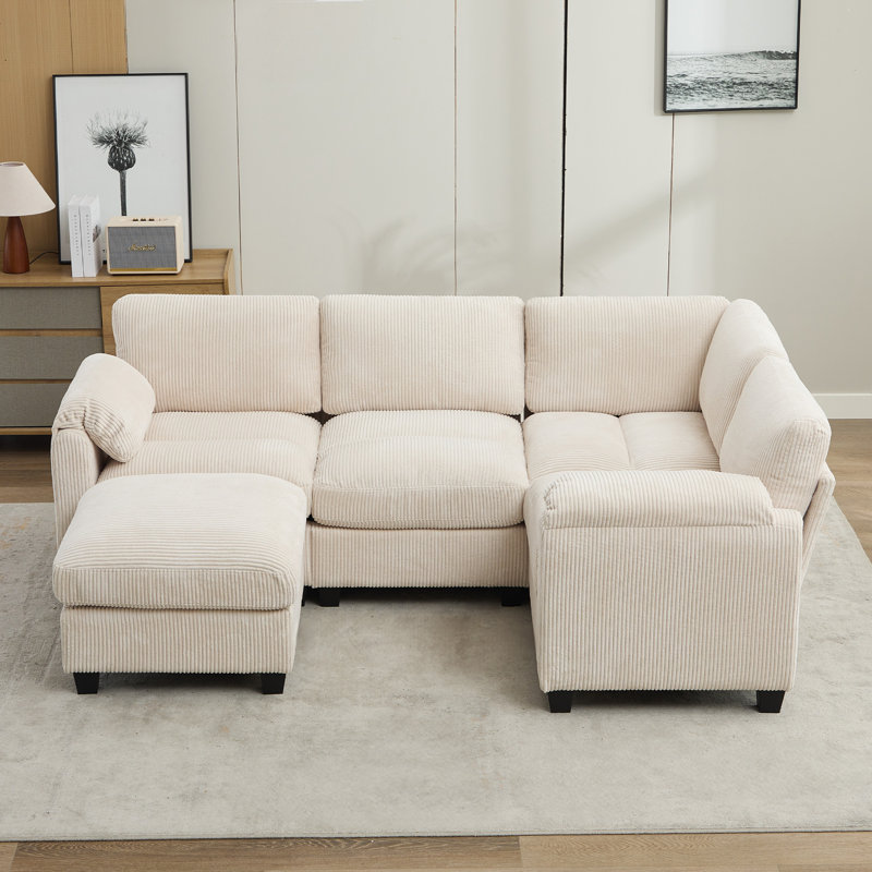 5 - Piece Reversible Modular Corner Sectional With Ottoman, Beige Corduroy
