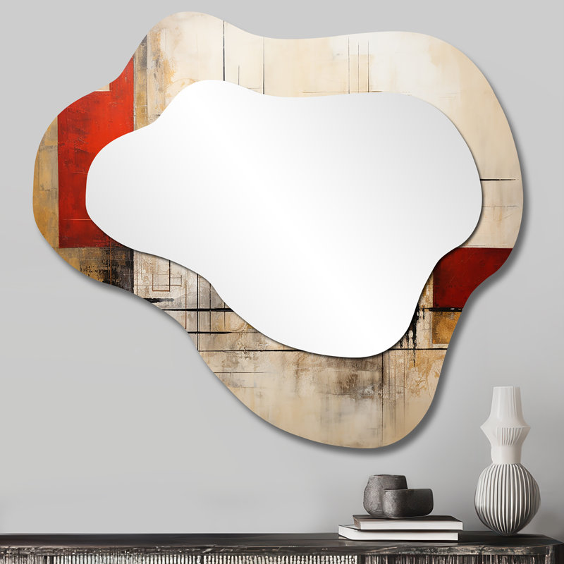 Red Moon Gold Cubist Abstract - miroir décoratif nuage géométrique, miroir mural asymétrique moderne, impression d'art en métal