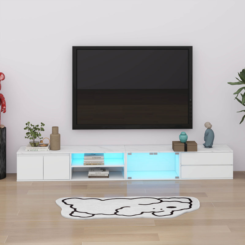 Meuble télé moderne à DEL avec portes en verre trempé, 2 tiroirs et armoire, Blanc