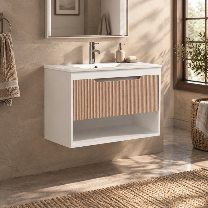 Base de meuble-lavabo flottant 30 po seulement, armoire murale moderne en MDF avec tiroir cannelé et tablette ouverte, blanc / chêne