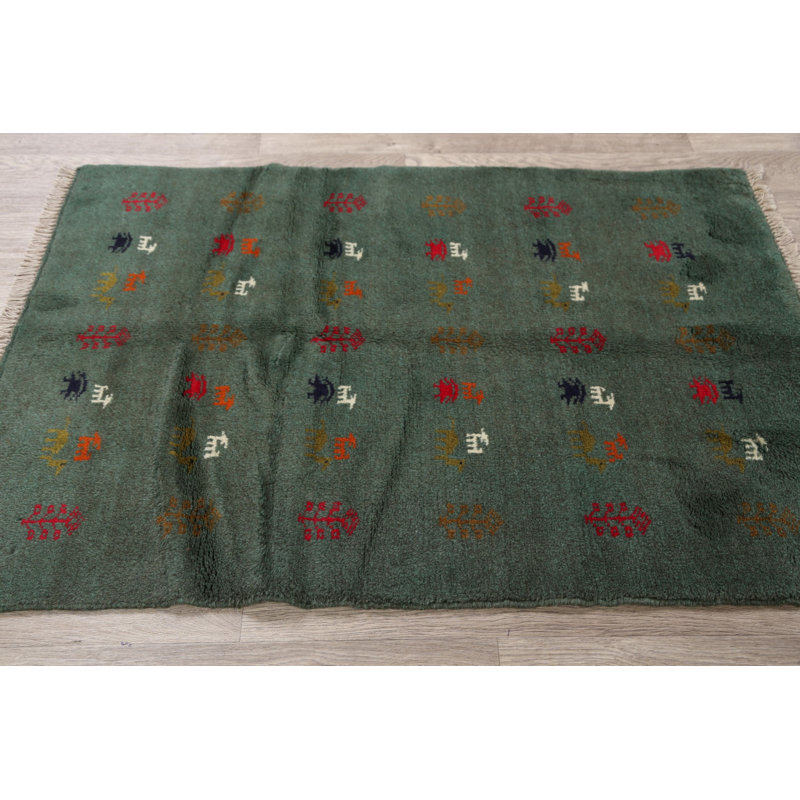 Tapis de zone en laine vert 3 pi 5 po x 4 pi 10 po one-of-kind-noué la main gabbeh Southwestern