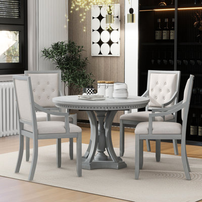 5 chaises de salle à manger rétro avec table ronde extensible et 4 chaises, pour la pièce, longueur réglable, salle à manger en placage de chêne, qui va de 42 po à 58 po, chaises à dossier incurvé, plateau de table