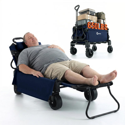 2-in-1 Foldable Festival Trolley Converts to Lounge Chair, Heavy-Duty Camping Wagon with 360° Swivel Wheels, Parking Brake & Drink Holder for Beach, Garden and Outdoor Use