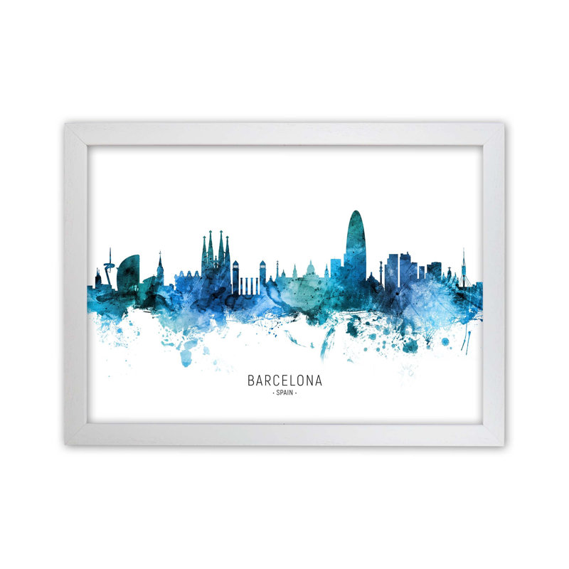 Barcelona Spain Skyline Blue City Name by Michael Tompsett - Print, White Framed, 64cm H x 88cm W x 3cm D